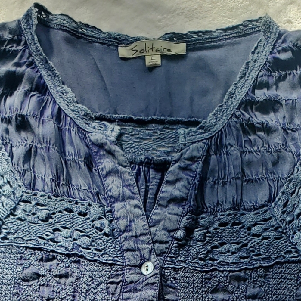 Solitare Blue Emroidered Slub cotton top/blouse with rolled button-up sleeves.